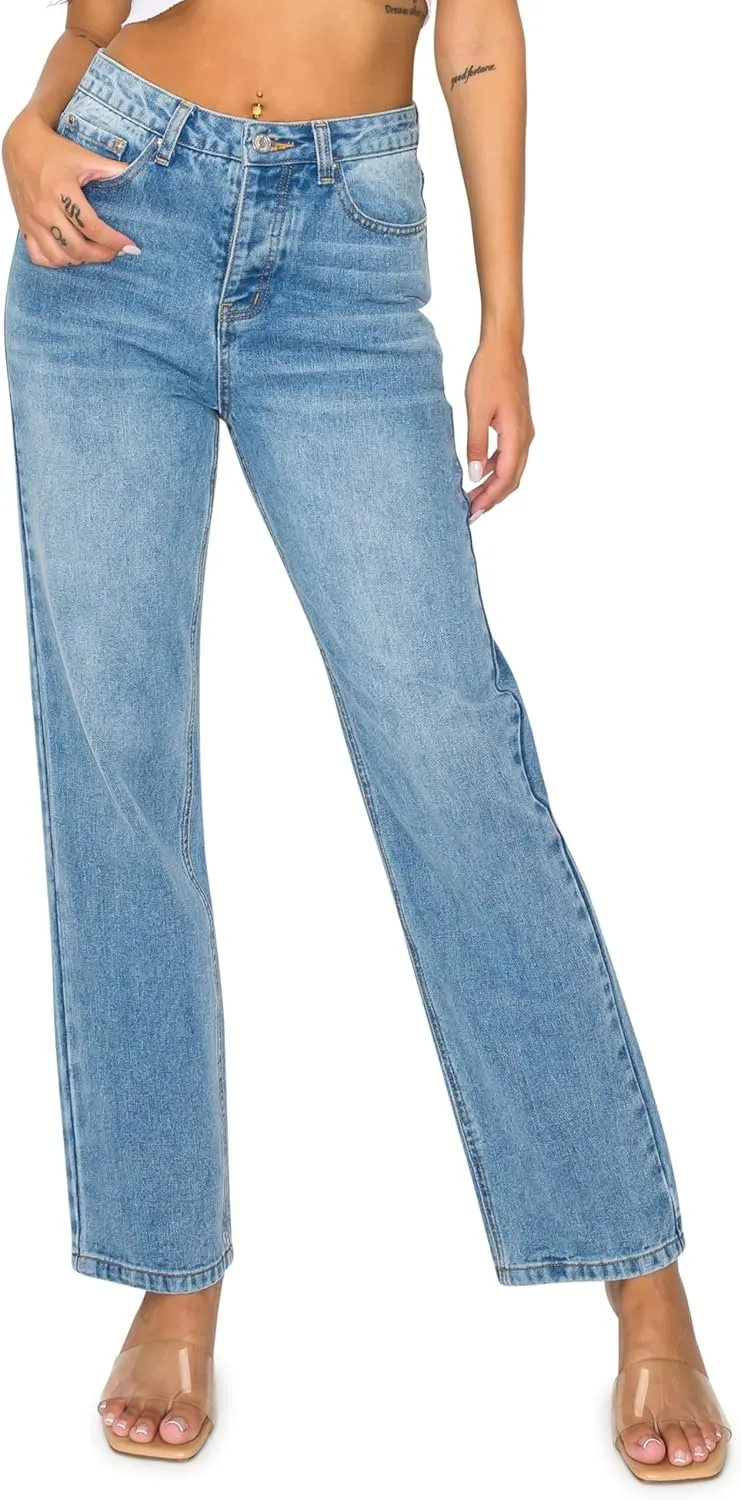 KHAKI & BLUE Womens Denim Jeans  High Waisted Straight Leg Pants with Button Down Closure