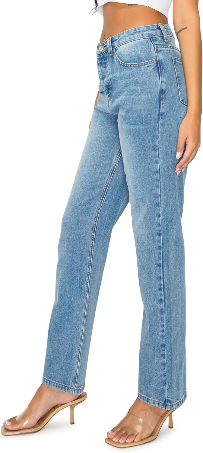 KHAKI & BLUE Womens Denim Jeans  High Waisted Straight Leg Pants with Button Down Closure