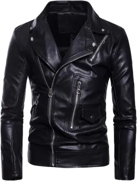 Lavnis Men's PU Leather Jacket Causal Belted Faux Leather Motorcycle Jacket Zipper Biker Coat