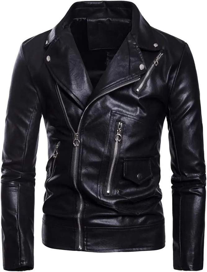 Lavnis Men's PU Leather Jacket Causal Belted Faux Leather Motorcycle Jacket Zipper Biker Coat