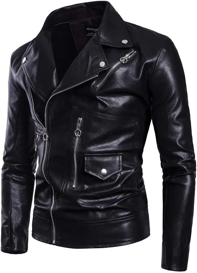 Lavnis Men's PU Leather Jacket Causal Belted Faux Leather Motorcycle Jacket Zipper Biker Coat