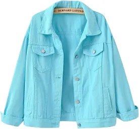 loveimgs Women's Casual Drop the Shoulder Candy Color Single Breasted Boyfriend Denim Short Shacket Jacket