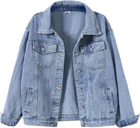 loveimgs Women's Classic Collared Button Down Distressed Oversize Boyfriend Unlined Denim Trucker Shacket Jacket