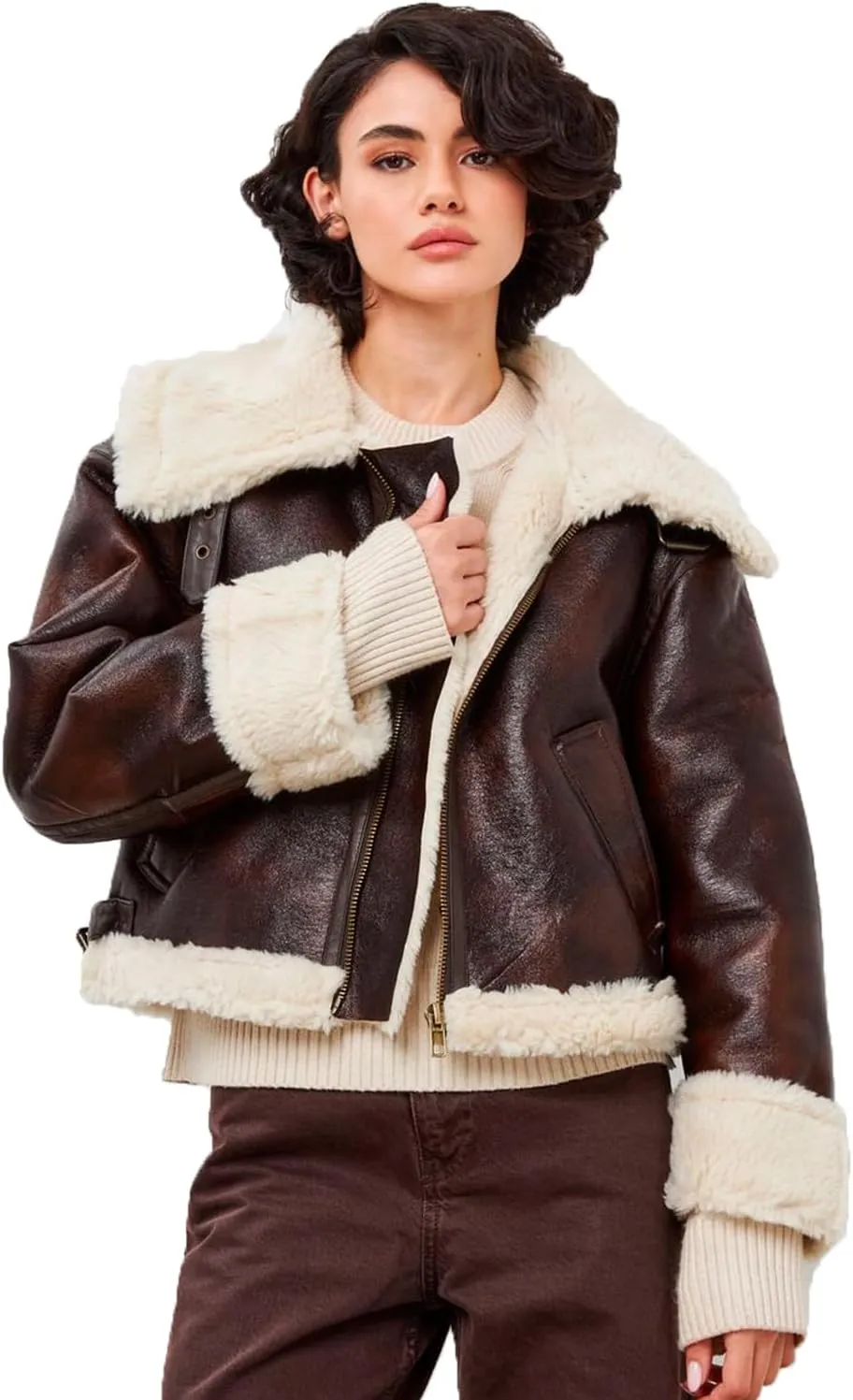 LY VAREY LIN Women Faux Leather Jacket with Faux Fur Lining Warm Winter Biker Coat