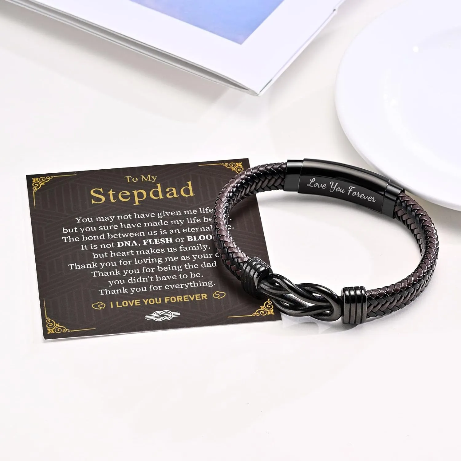 MEALGUET Mens Leather Bracelet Dad Gifts - Brown Braided Leather Infinity Knot Bracelets Engraved Love My Dad for Men, Daddy Jewelry Gift from Daughter Son for Father's Day Birthday