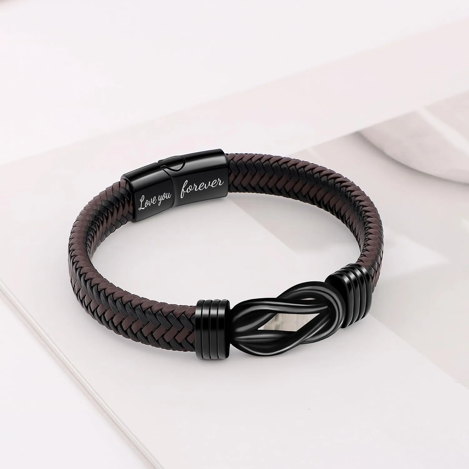 Memgift Gifts for Man Bracelets for Dad Son Gifts Brown Braided Leather Knot Bracelets for Son Grandson Husband Man Love You Forever Jewelry for Brother Boyfriend 7.5 8.5 9 Inches