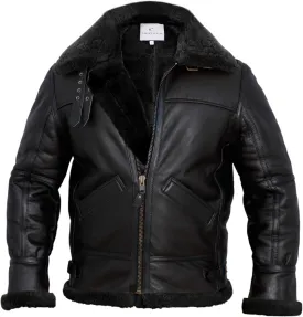 Men B3 Bomber Jacket Aviator Real Shearling B3 Bomber Sheepskin Jacket Winter Black