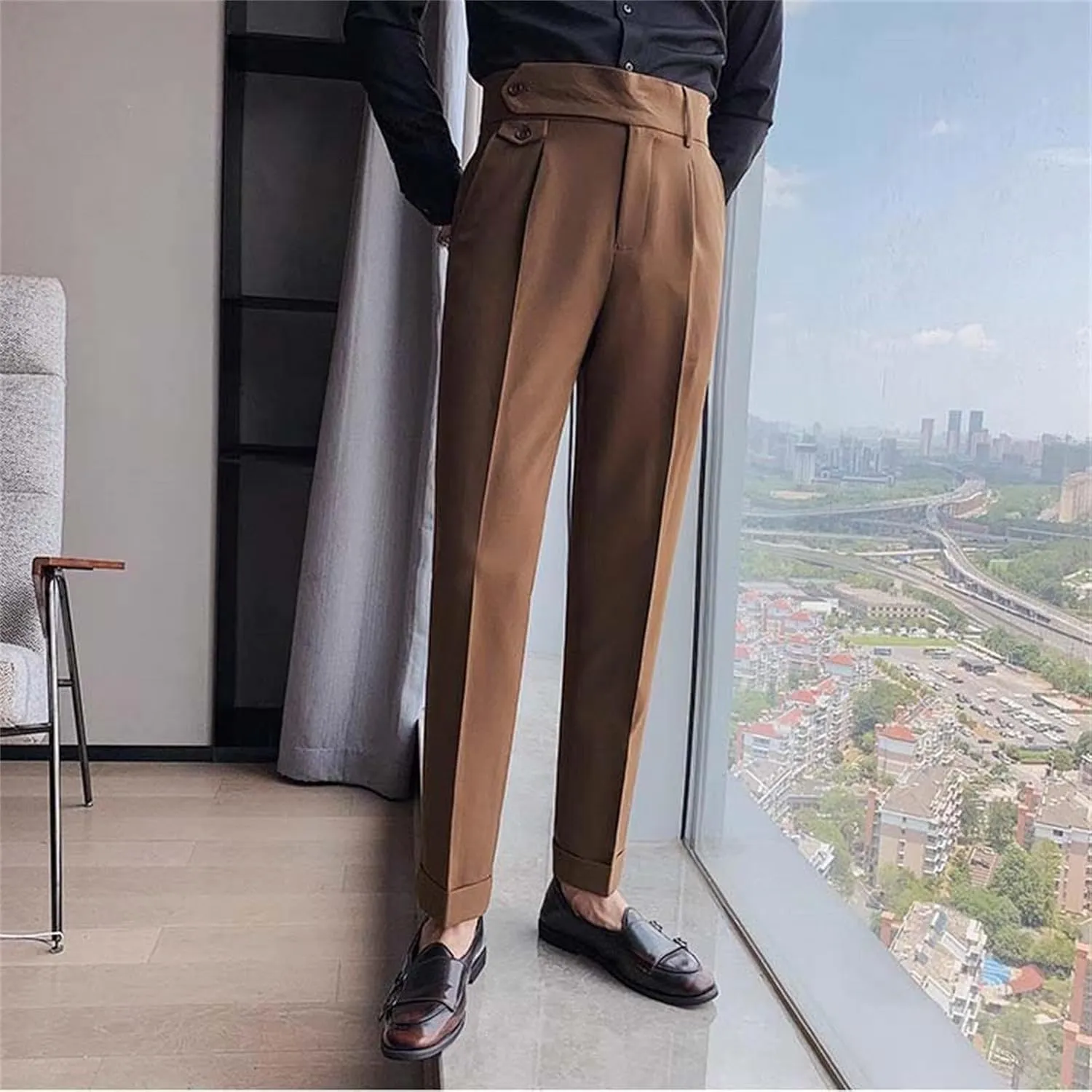 Men's Business Trousers Lightweight Twill Slim-Fit Straight Pants Regular Fit Versatile Tapered Pants with Pockets