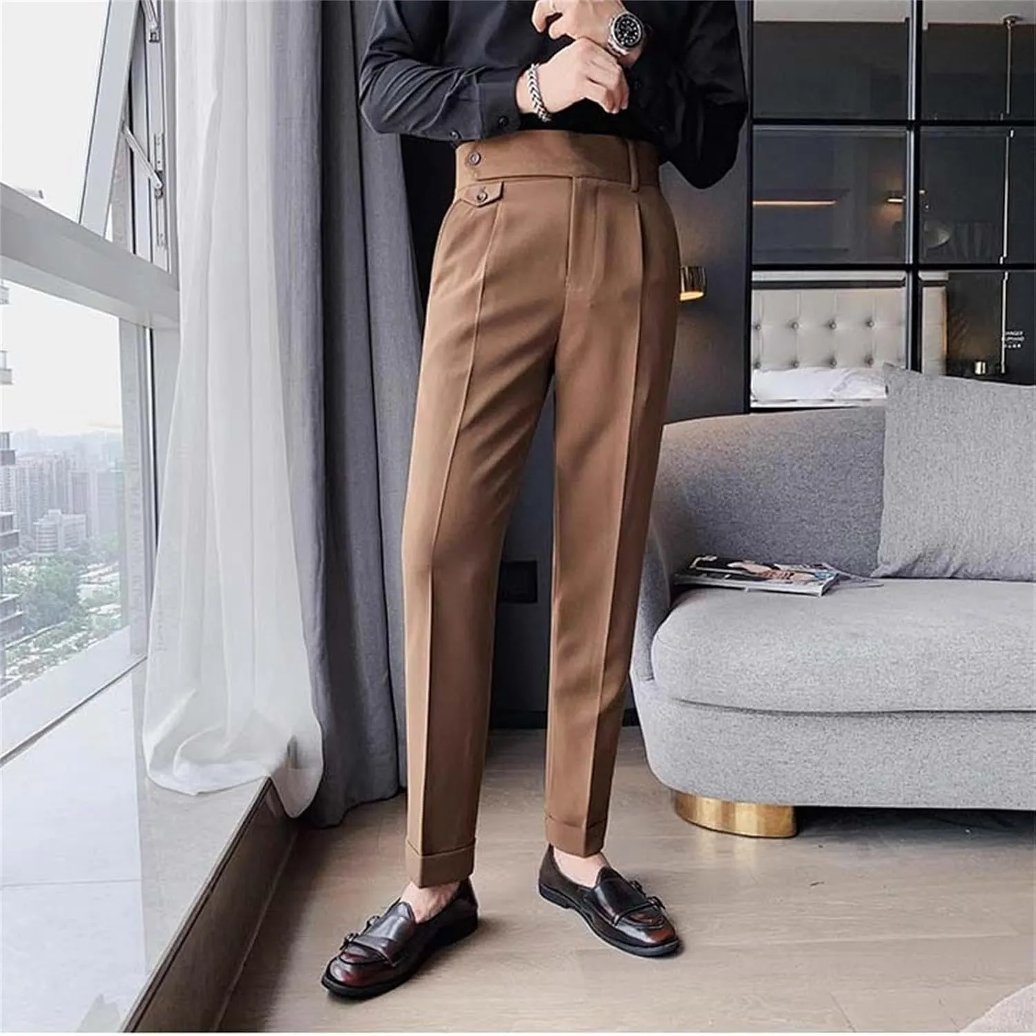 Men's Business Trousers Lightweight Twill Slim-Fit Straight Pants Regular Fit Versatile Tapered Pants with Pockets