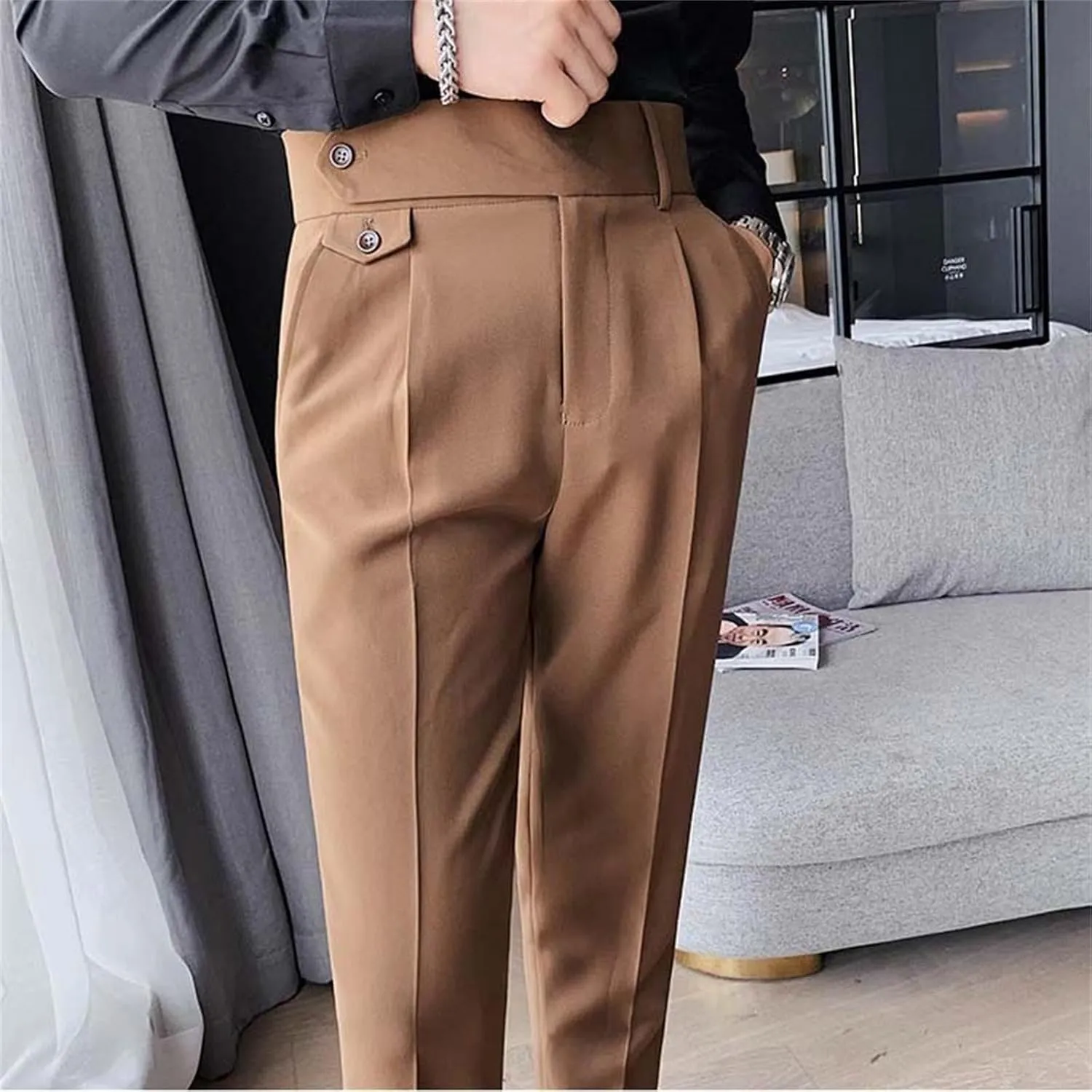 Men's Business Trousers Lightweight Twill Slim-Fit Straight Pants Regular Fit Versatile Tapered Pants with Pockets