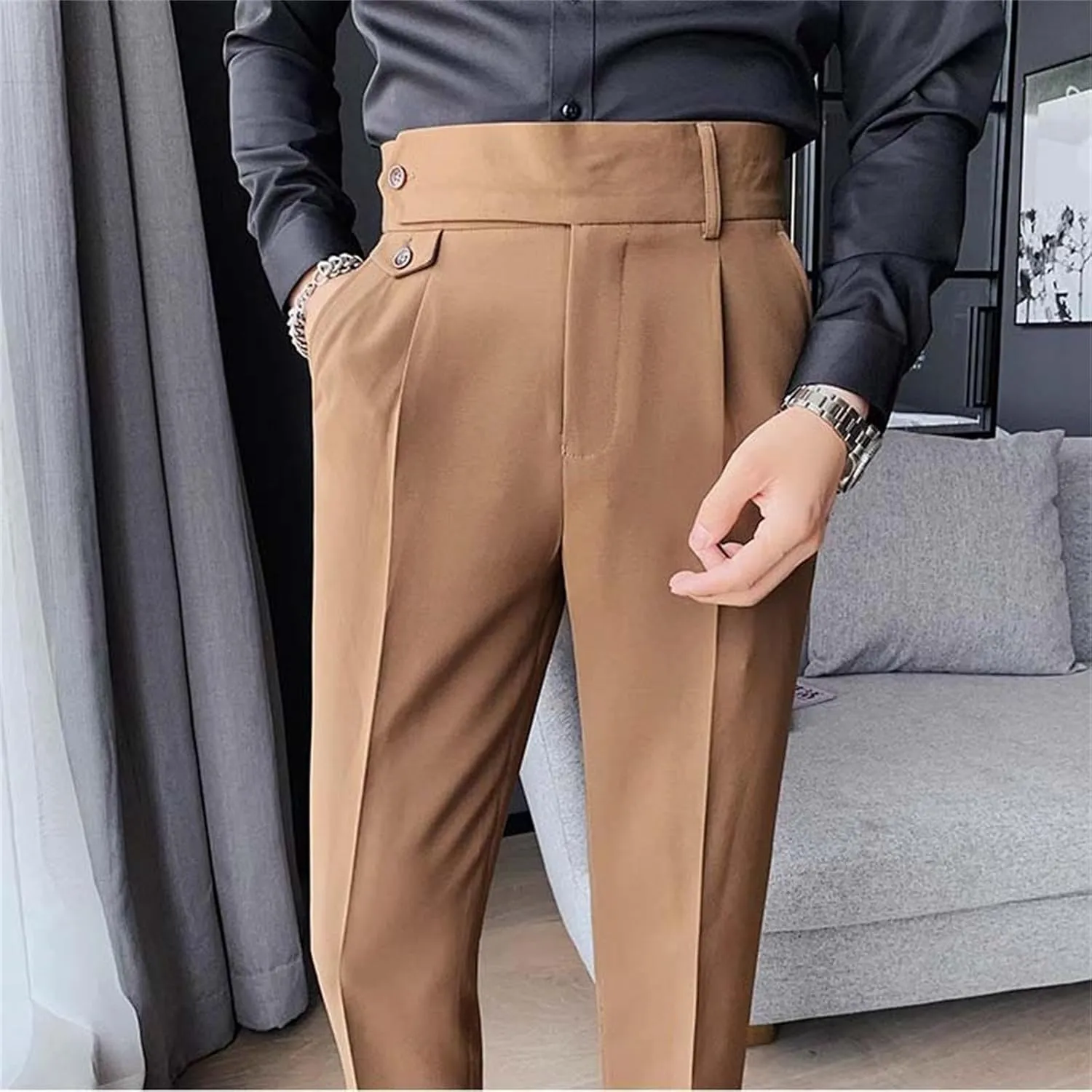 Men's Business Trousers Lightweight Twill Slim-Fit Straight Pants Regular Fit Versatile Tapered Pants with Pockets