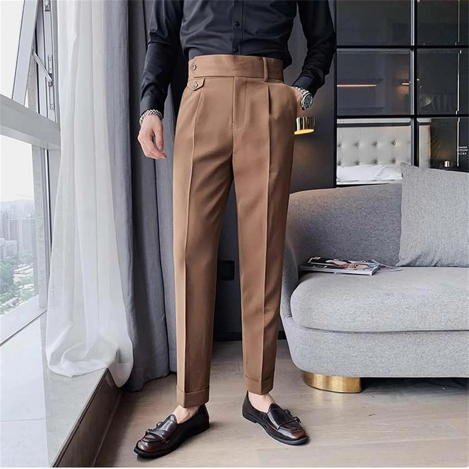 Men's Business Trousers Lightweight Twill Slim-Fit Straight Pants Regular Fit Versatile Tapered Pants with Pockets