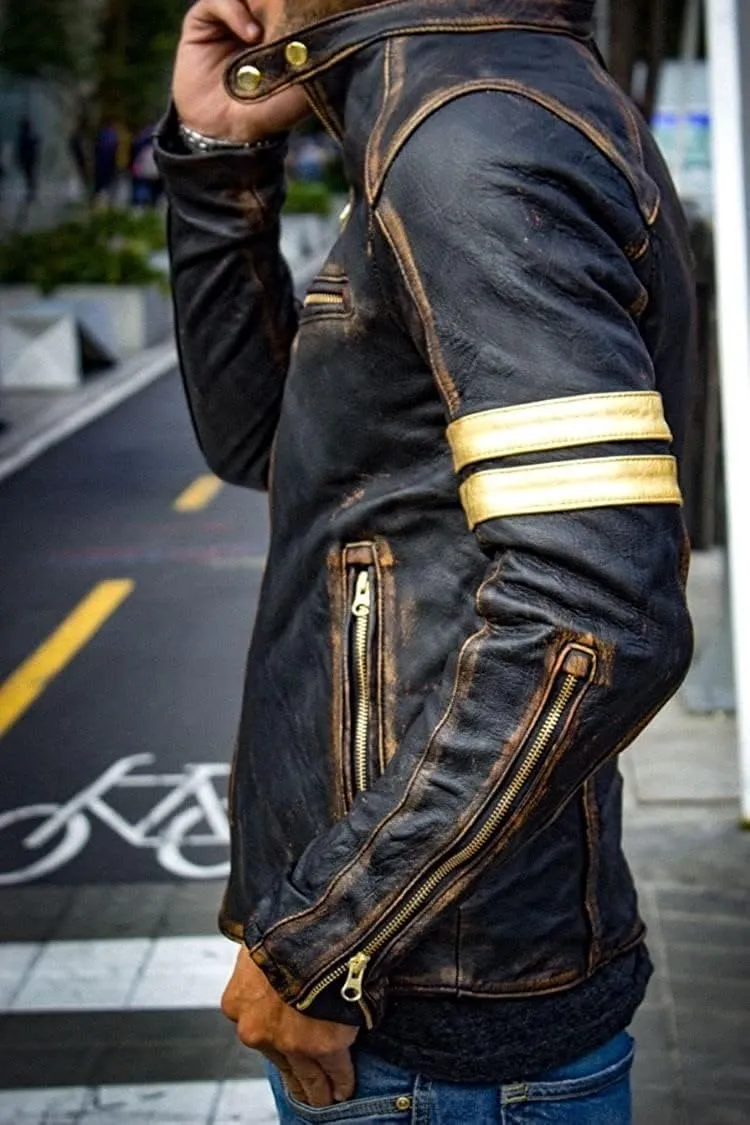 Mens Real Leather Biker- Motorcycle Distressed Black Genuine Leather Jacket-Men vintage golden stripe Leather Jacket