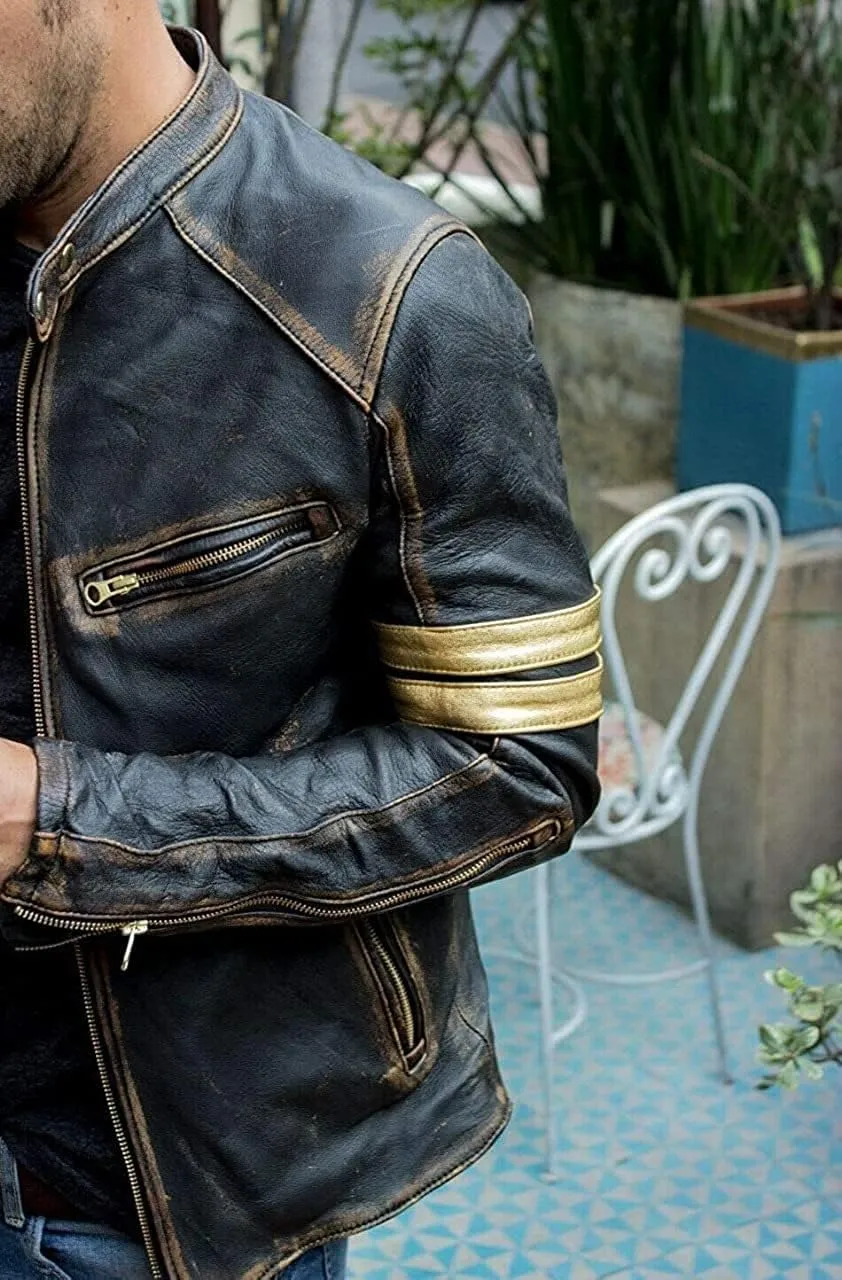 Mens Real Leather Biker- Motorcycle Distressed Black Genuine Leather Jacket-Men vintage golden stripe Leather Jacket