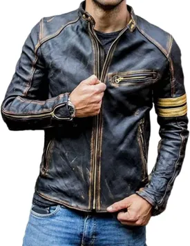 Mens Real Leather Biker- Motorcycle Distressed Black Genuine Leather Jacket-Men vintage golden stripe Leather Jacket