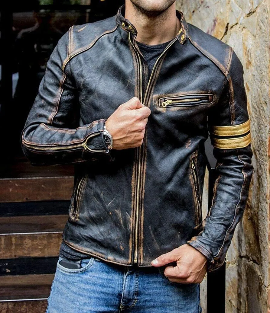 Mens Real Leather Biker- Motorcycle Distressed Black Genuine Leather Jacket-Men vintage golden stripe Leather Jacket
