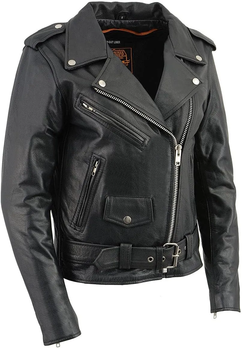 Milwaukee Leather LKL2701 Women's Classic Black Premium Leather Motorcycle Rider Jacket with Built-In Belt