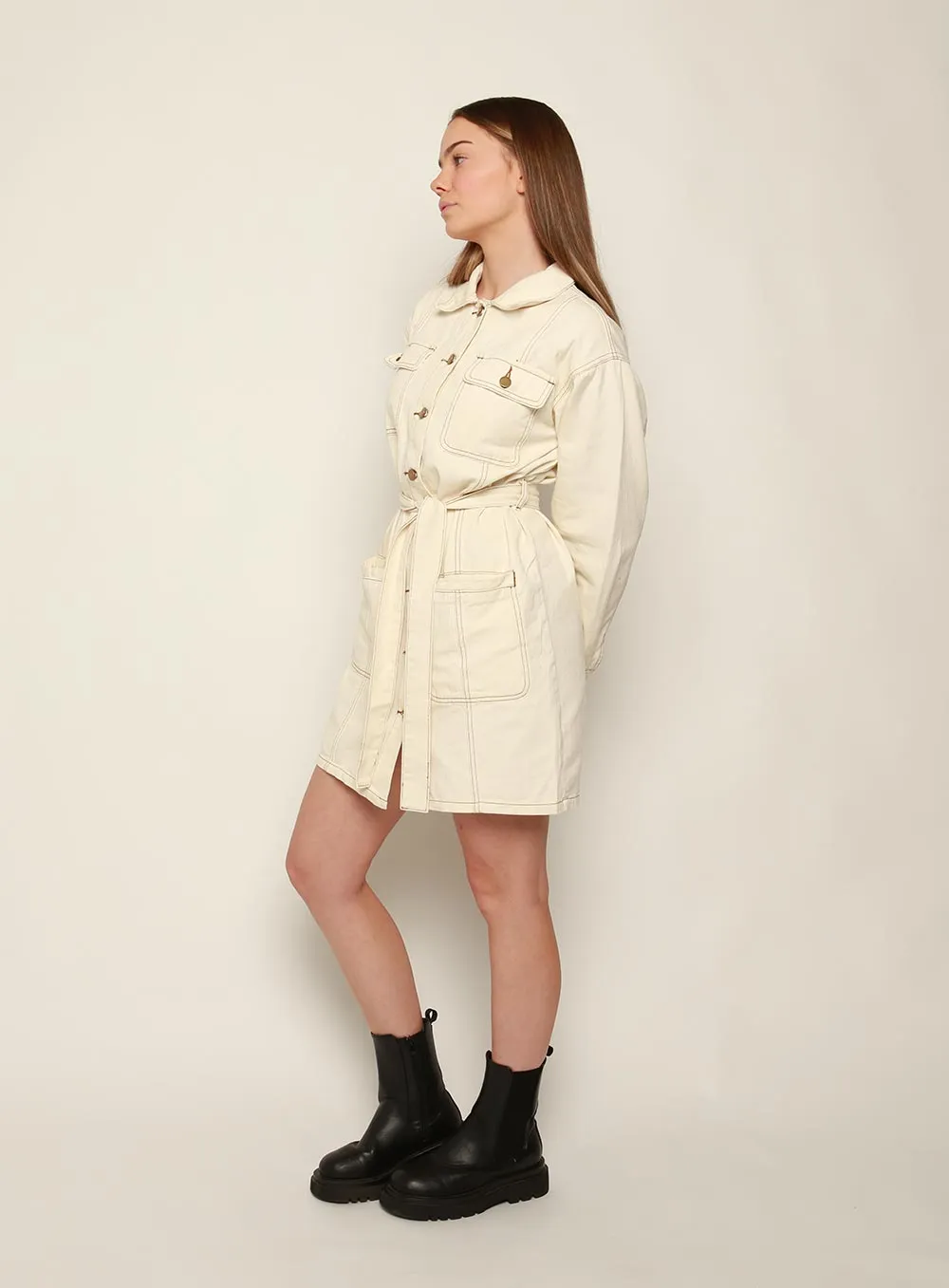 Mindy Long Sleeve Denim Dress-White
