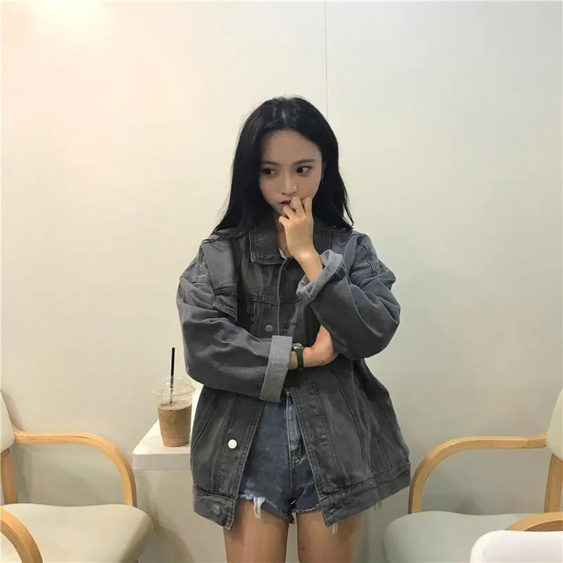 Retro Gray Buttons Denim Unisex Loose Jacket