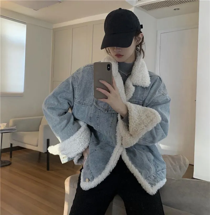 Retro Washed Blue Gray Faux Fur Loose Denim Jacket