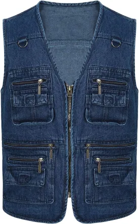 Spanye Men Denim Vest Outdoor Work Jacket Multi Pocket for Travel Photo Fishing Big & Tall