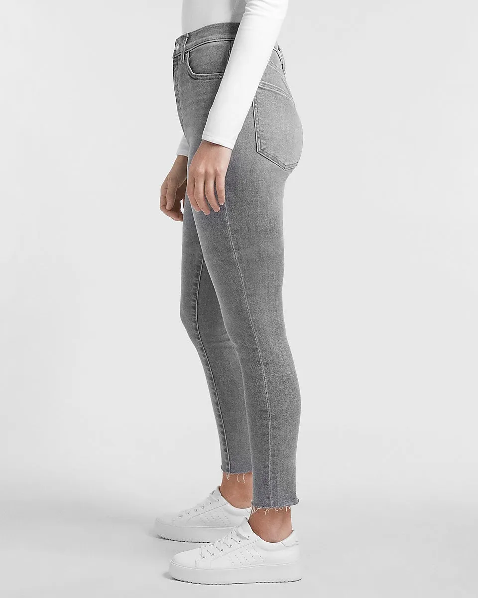 Super High Waisted Gray Raw Hem Skinny Jeans in Gray