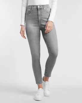 Super High Waisted Gray Raw Hem Skinny Jeans in Gray