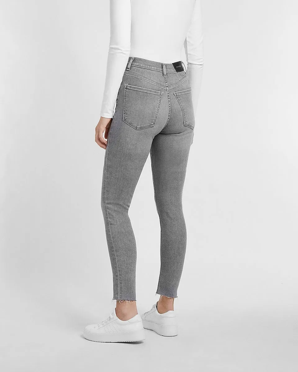 Super High Waisted Gray Raw Hem Skinny Jeans in Gray