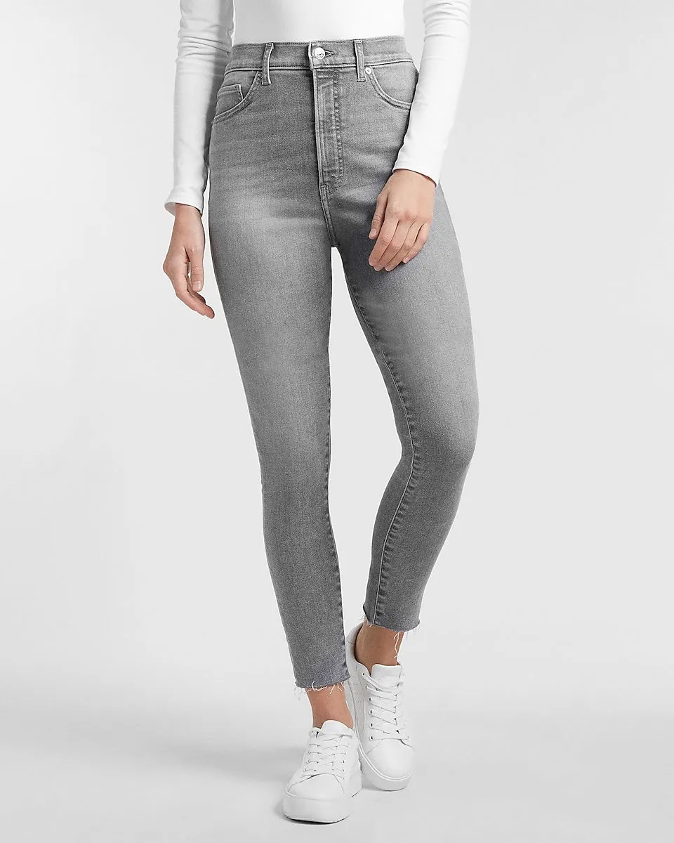 Super High Waisted Gray Raw Hem Skinny Jeans in Gray