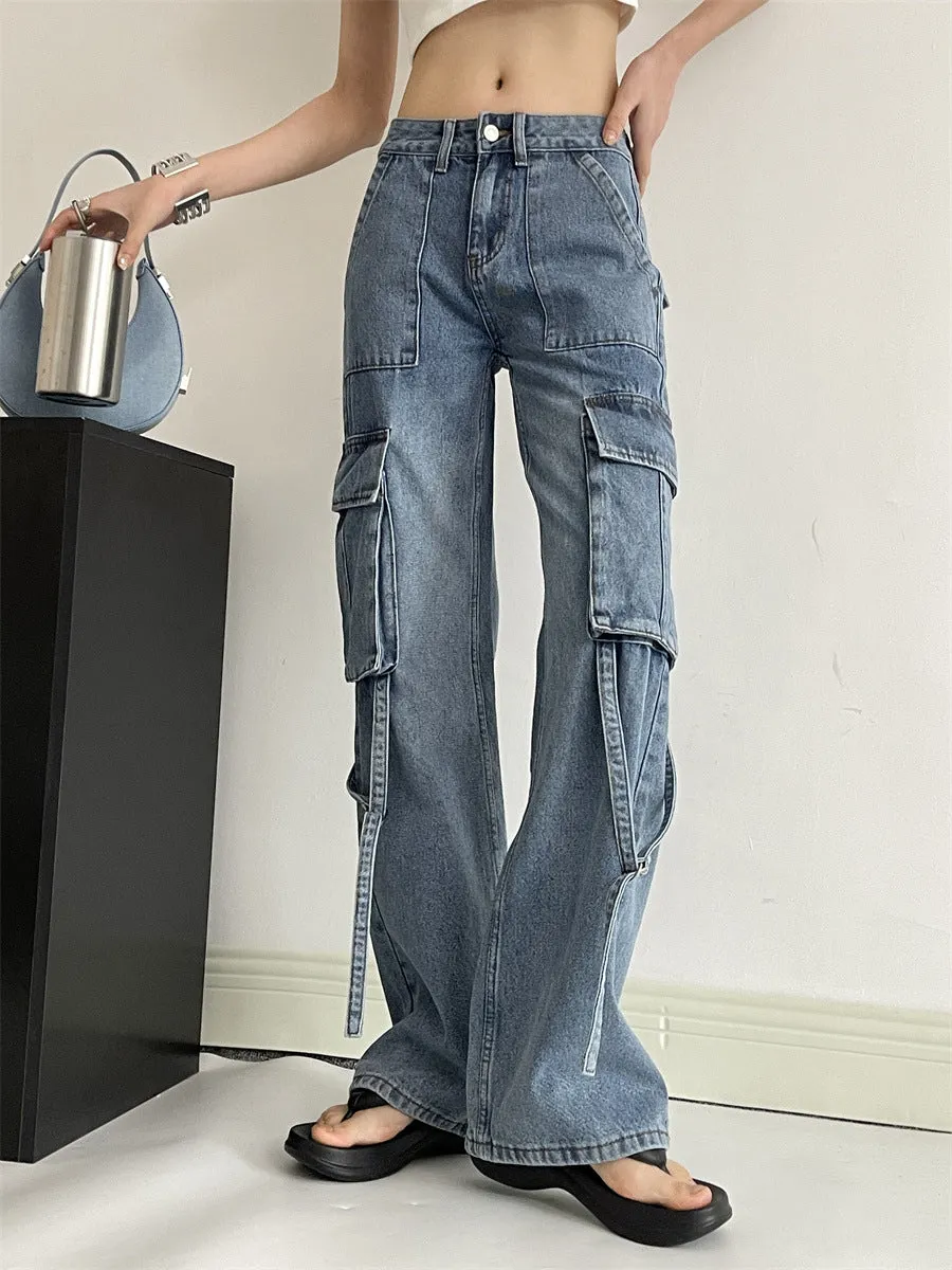 Toleet leapord Winter outfit Chic 2024 High Waist American Workwear Jeans Women's Casual Straight Pants Multi-Pocket