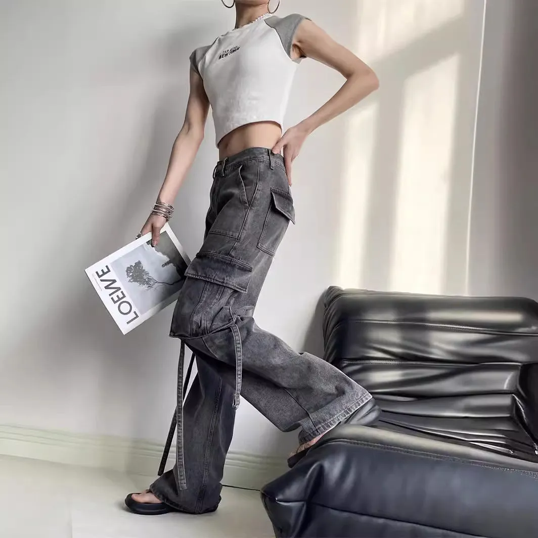 Toleet leapord Winter outfit Chic 2024 High Waist American Workwear Jeans Women's Casual Straight Pants Multi-Pocket