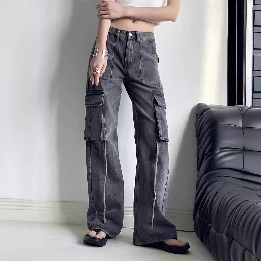 Toleet leapord Winter outfit Chic 2024 High Waist American Workwear Jeans Women's Casual Straight Pants Multi-Pocket
