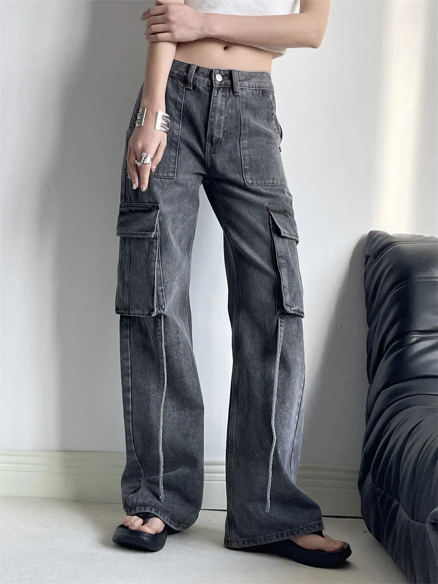 Toleet leapord Winter outfit Chic 2024 High Waist American Workwear Jeans Women's Casual Straight Pants Multi-Pocket