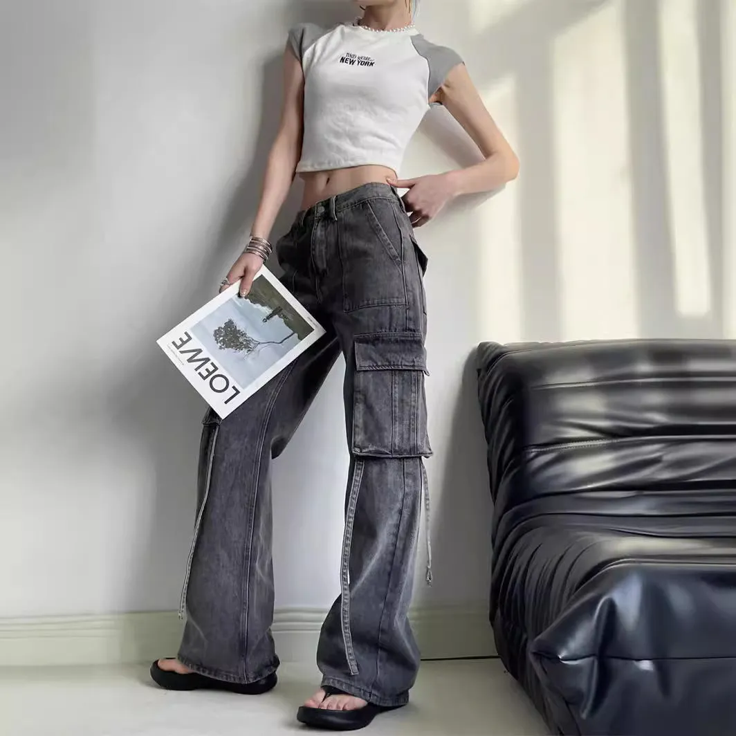 Toleet leapord Winter outfit Chic 2024 High Waist American Workwear Jeans Women's Casual Straight Pants Multi-Pocket