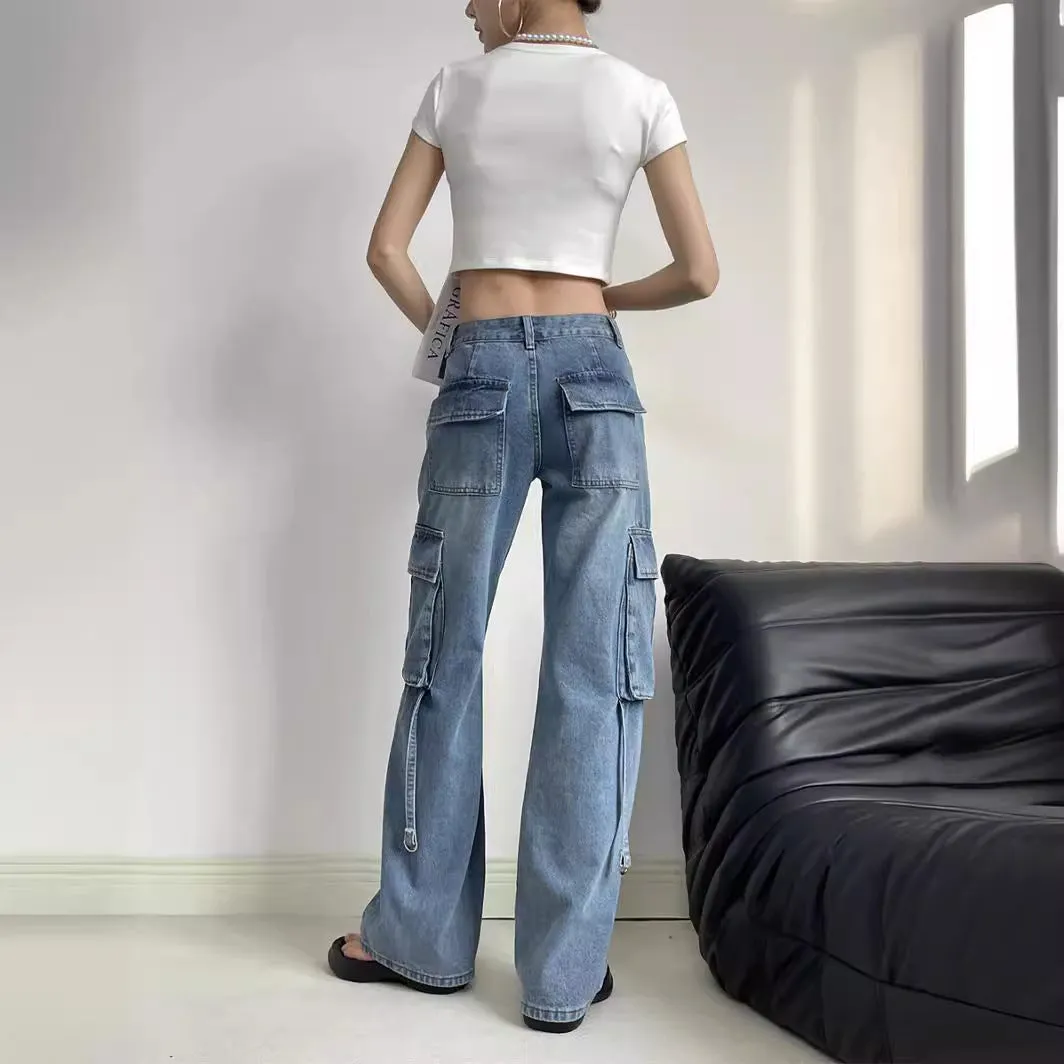 Toleet leapord Winter outfit Chic 2024 High Waist American Workwear Jeans Women's Casual Straight Pants Multi-Pocket