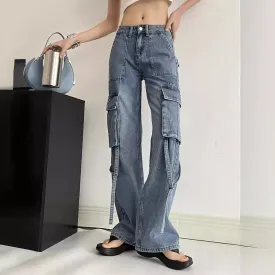 Toleet leapord Winter outfit Chic 2024 High Waist American Workwear Jeans Women's Casual Straight Pants Multi-Pocket