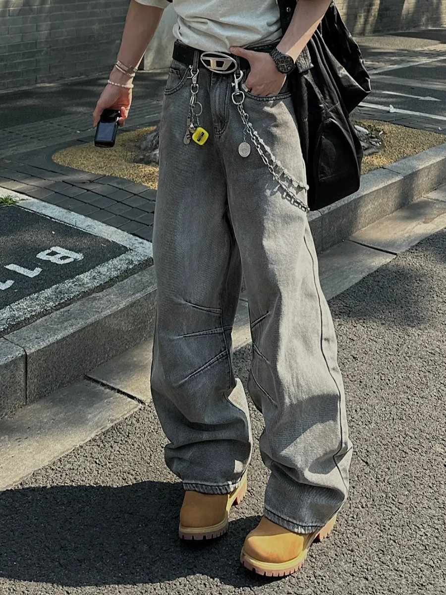 Toleet Winter Y2K Mens Street Style American High Street Heavy Industry Washed Dirty Gray Jeans Men's Distressed Pleated Niche Design Loose Straight Trousers
