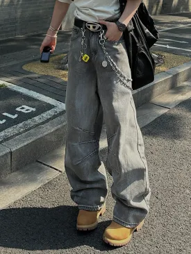 Toleet Winter Y2K Mens Street Style American High Street Heavy Industry Washed Dirty Gray Jeans Men's Distressed Pleated Niche Design Loose Straight Trousers