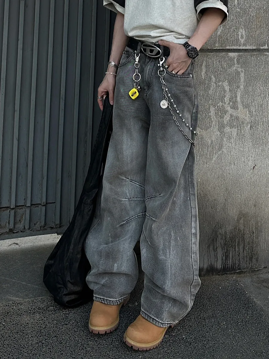 Toleet Winter Y2K Mens Street Style American High Street Heavy Industry Washed Dirty Gray Jeans Men's Distressed Pleated Niche Design Loose Straight Trousers