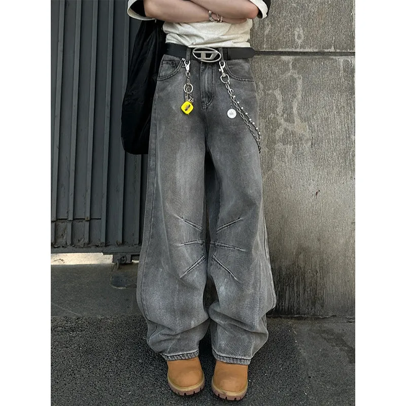 Toleet Winter Y2K Mens Street Style American High Street Heavy Industry Washed Dirty Gray Jeans Men's Distressed Pleated Niche Design Loose Straight Trousers