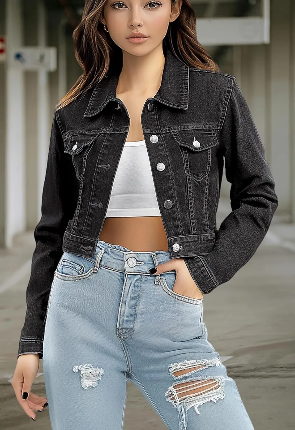 Trendy Washed Cropped Jean Jacket for Women - Short Denim Jacket in Black, Gray, Blue