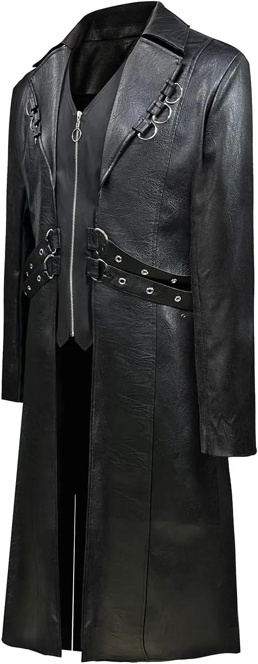 TZMAPU Men's Faux Leather Motorcycle Trench Coat Black Long Punk Jacket