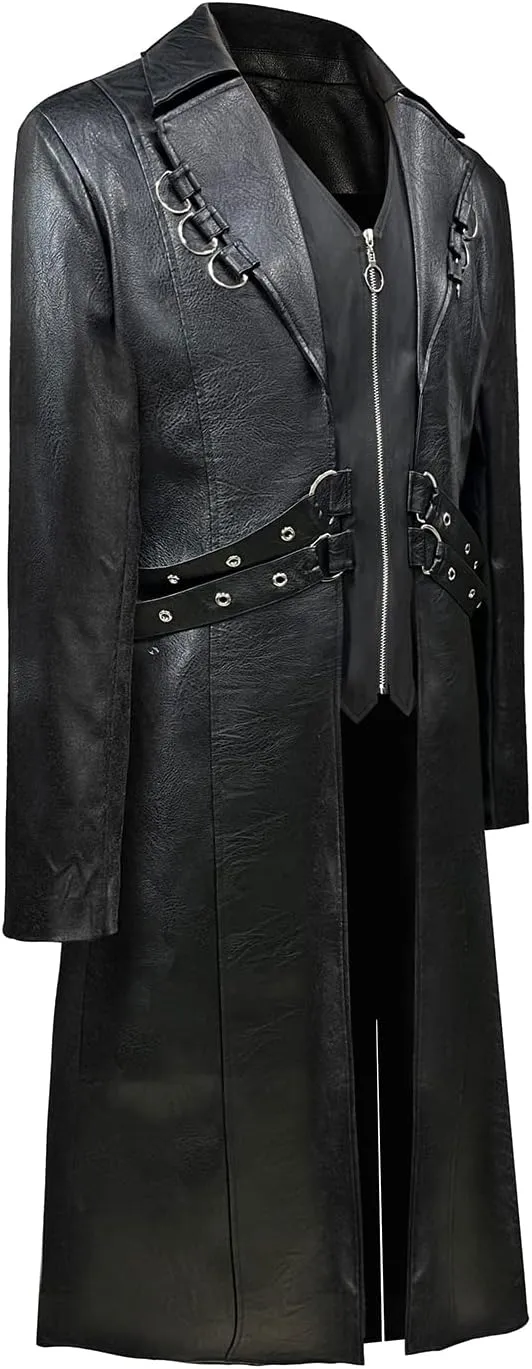 TZMAPU Men's Faux Leather Motorcycle Trench Coat Black Long Punk Jacket