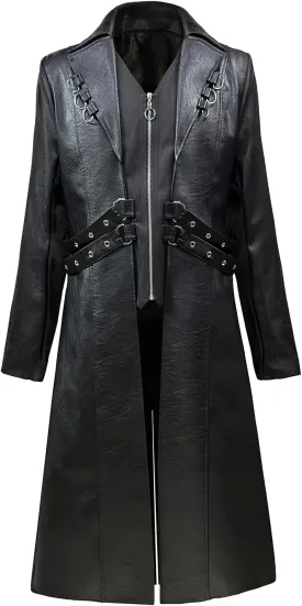 TZMAPU Men's Faux Leather Motorcycle Trench Coat Black Long Punk Jacket