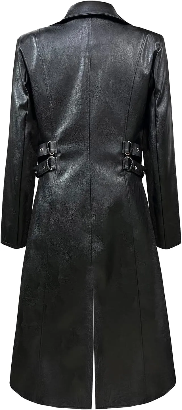 TZMAPU Men's Faux Leather Motorcycle Trench Coat Black Long Punk Jacket