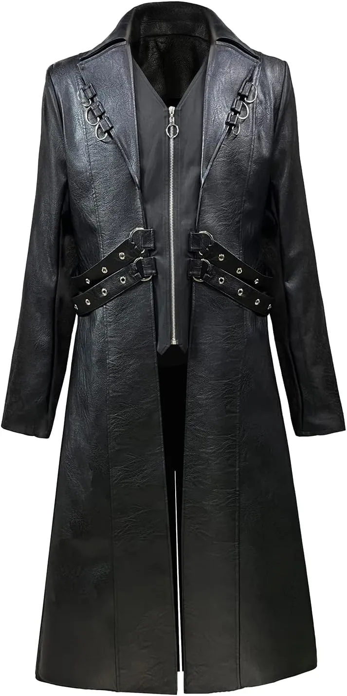 TZMAPU Men's Faux Leather Motorcycle Trench Coat Black Long Punk Jacket
