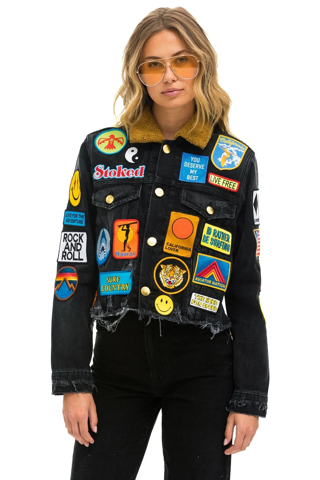 VINTAGE PATCH UNISEX CROP DENIM JACKET - VINTAGE BLACK