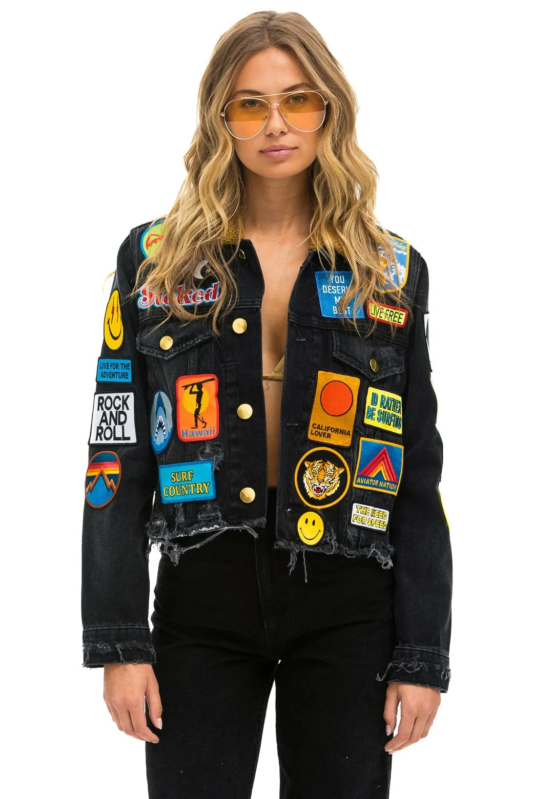 VINTAGE PATCH UNISEX CROP DENIM JACKET - VINTAGE BLACK