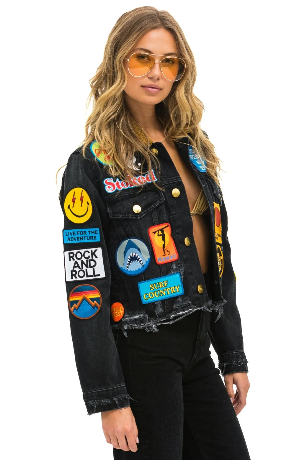 VINTAGE PATCH UNISEX CROP DENIM JACKET - VINTAGE BLACK