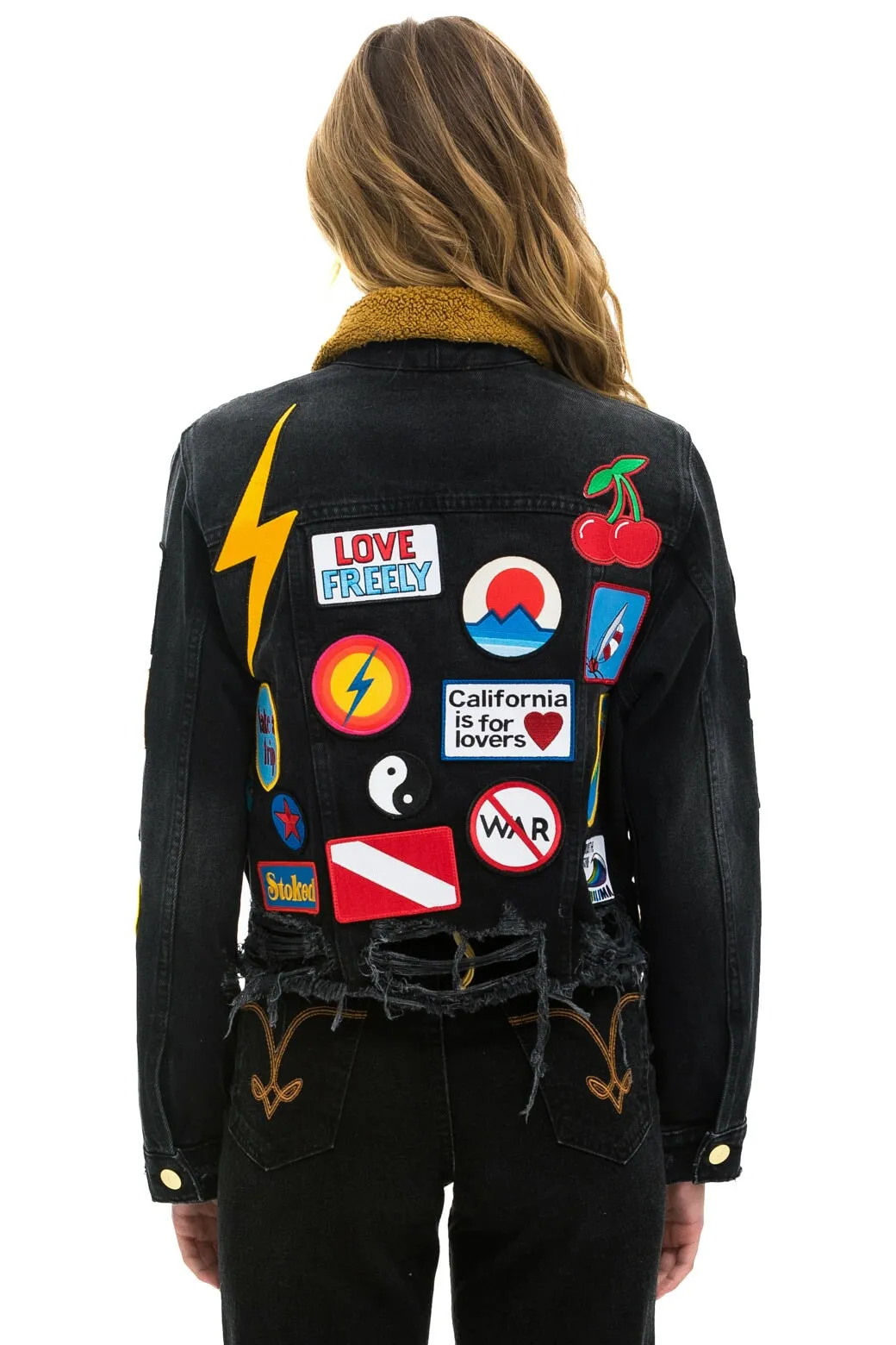 VINTAGE PATCH UNISEX CROP DENIM JACKET - VINTAGE BLACK
